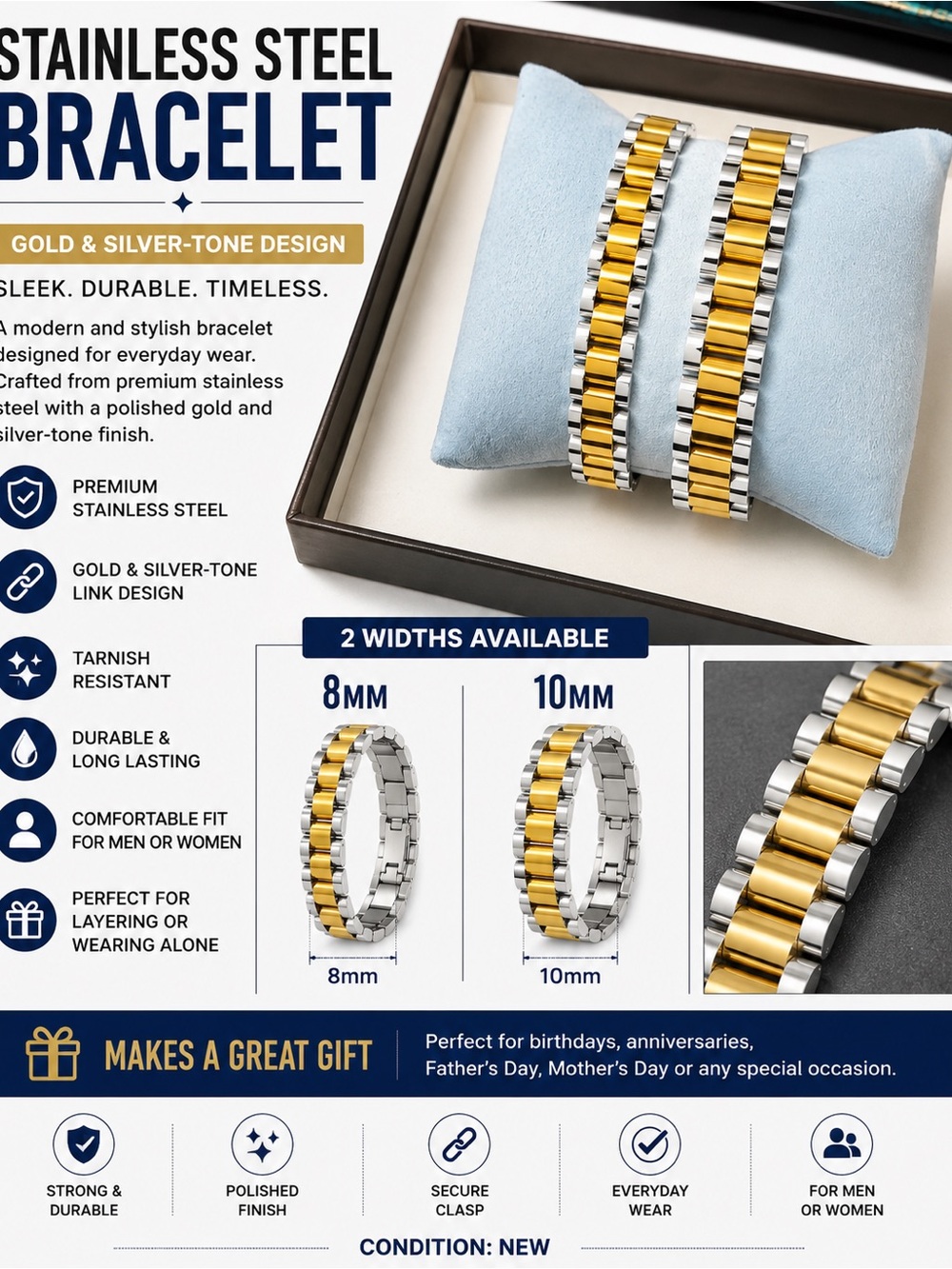Gold & Silver Two-Tone Stainless Steel Bracelet for Men